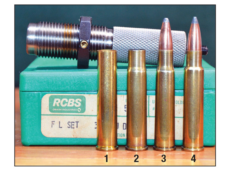 Layne forms the 8mm JDJ case by first necking down Starline 444 Marlin brass in a 375 JDJ  full-length sizing die and then necking it down with the 8mm JDJ full-length sizing die. He  then loads the case with a reduced powder charge and fire-forms in the chamber of his SSK Industries custom Contender pistol: (1) Starline 444 Marlin case, (2) necked down with a 375 JDJ full-length sizing die, (3) necked down with an 8mm JDJ die and loaded for fireforming and  (4) a fully-formed 8mm JDJ case loaded with  a full-power load.
